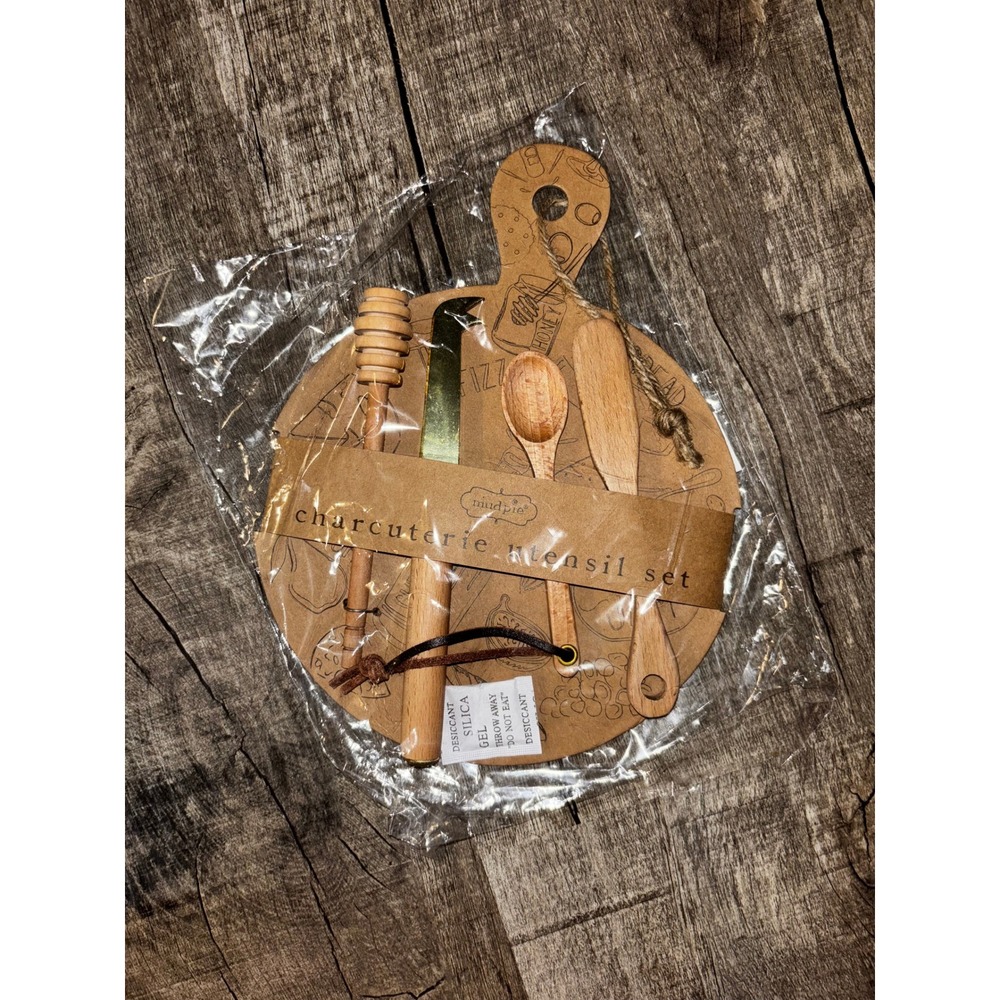 Mud Pie Charcuterie‎ Utensil Set 4 Piece Wood Gold Cheese Knife Honey Dipper
